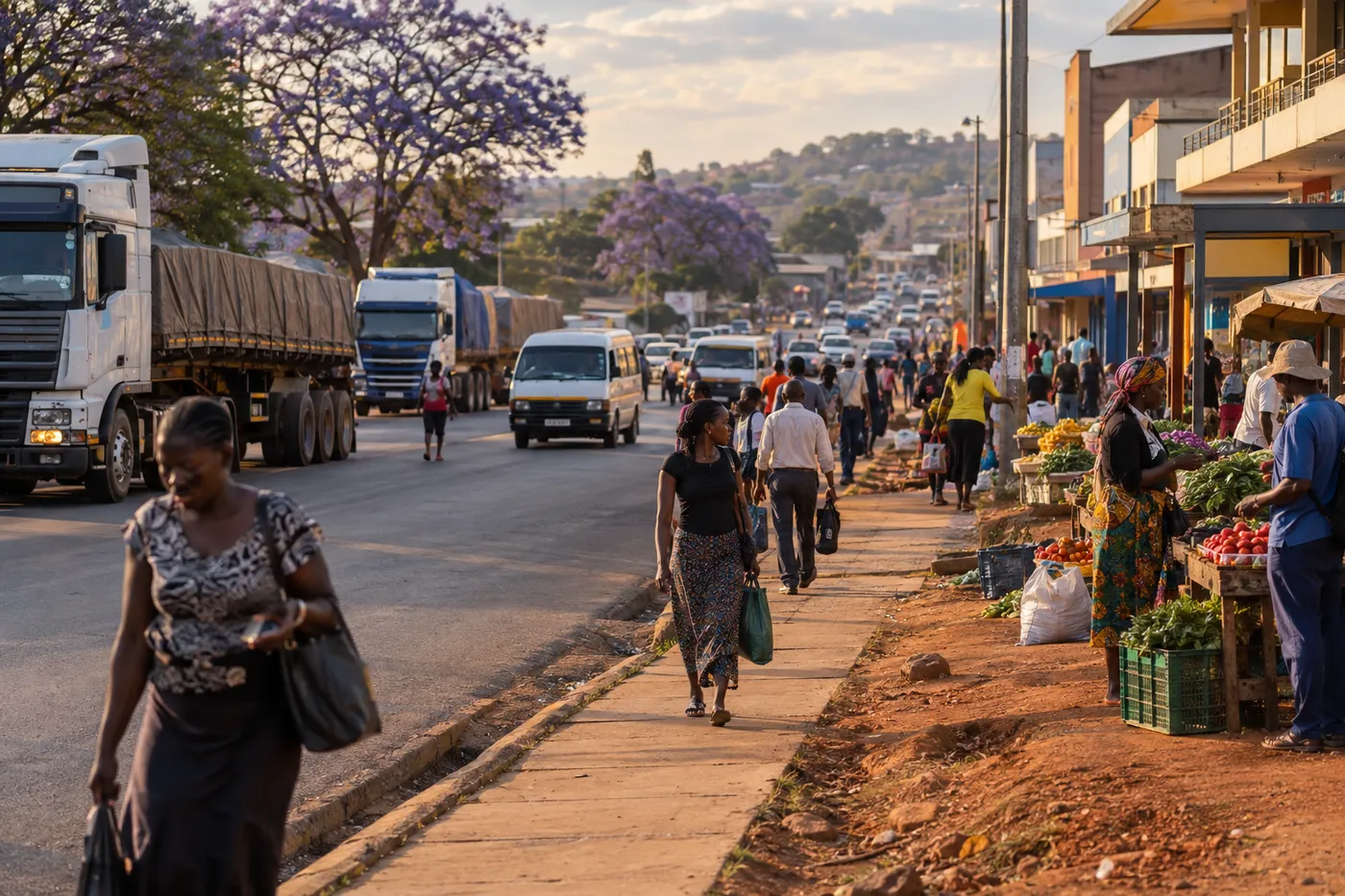 A busy commercial street in a Zimbabwean highway town with trucks, minibuses and shoppers