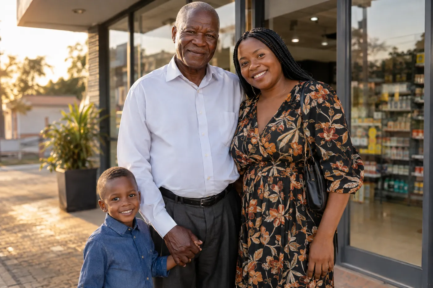A grandfather, his daughter and grandson standing proudly outside a modern shop